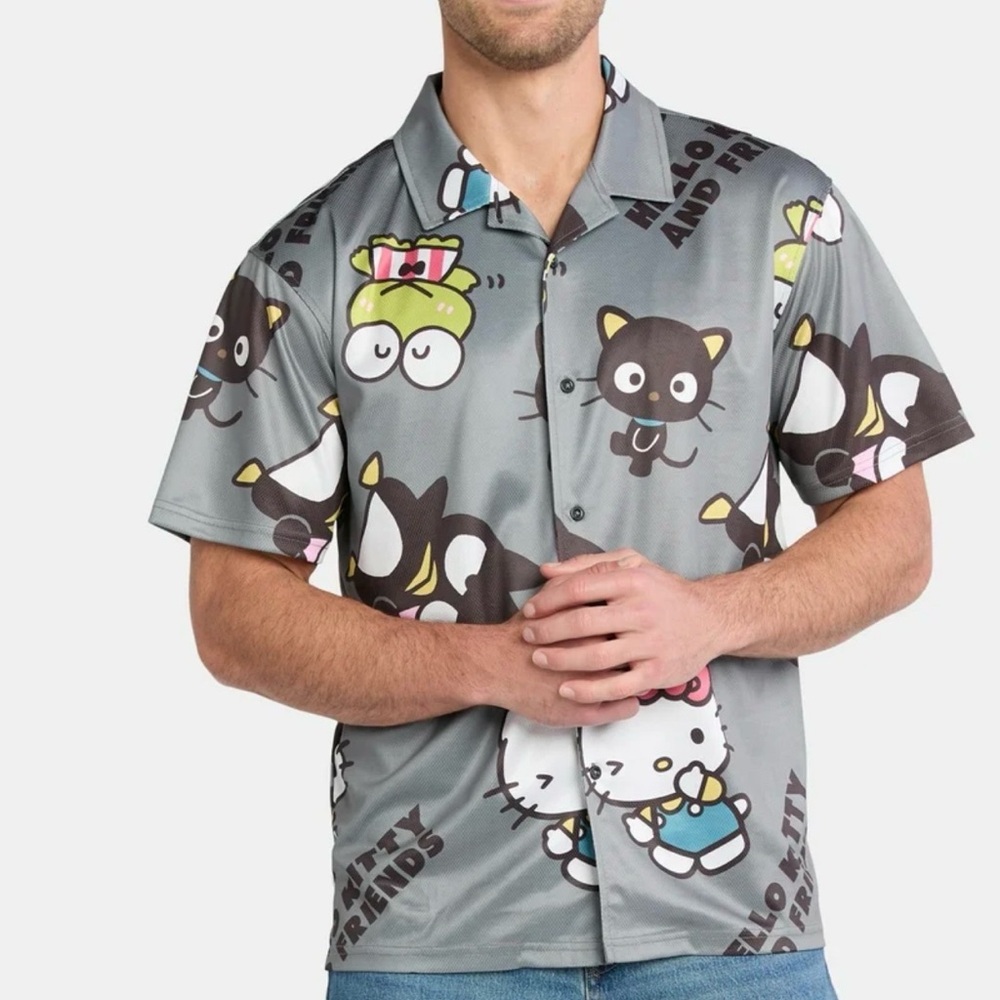 Hello‎ Kitty & Friends Button Up Shirt Men’s 3XL Gray All Over Print NWT Sanrio
